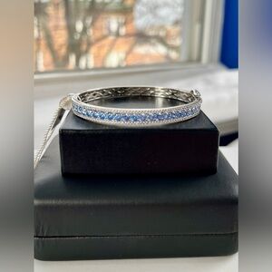 Blue & White Swarovski Stone Sterling Silver Bangle Bracelet